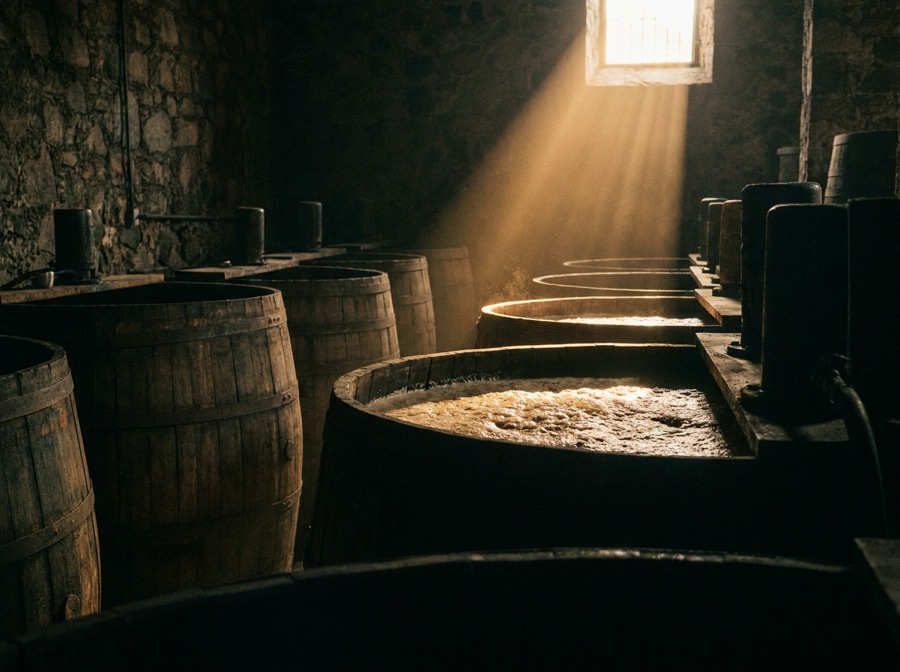 Tinas de madera con mosto fermentando